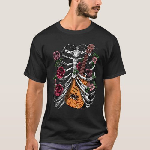 Rock  Roll Skeleton Guitar Player Figurine Music T_Shirt