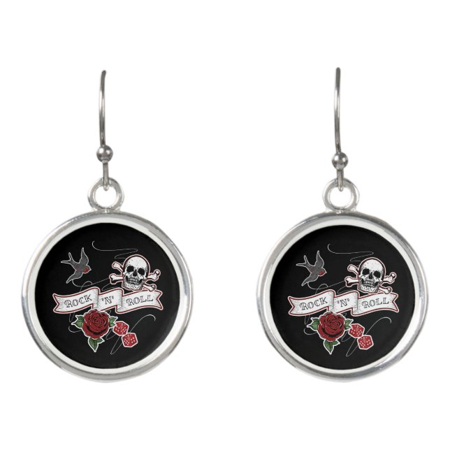 Rock & Roll Skull Rockabilly Music Tattoo Rose Earrings (Front)