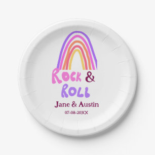 Rock & roll wedding add couple name retro rainbow paper plates