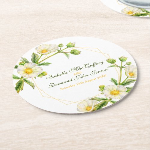 Rock rose watercolor white green botanica wedding round paper coaster