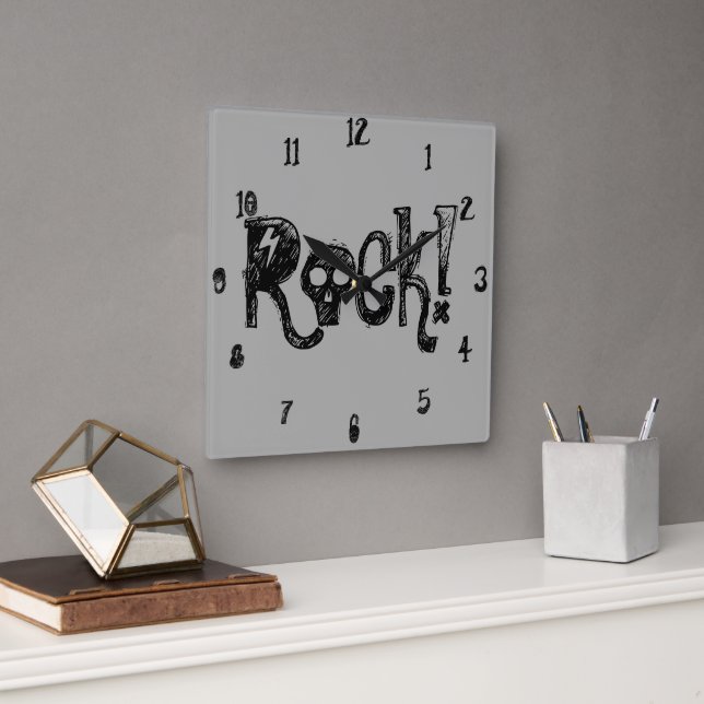 Rock Skull Typography Black Gray Square Wall Clock (Office)
