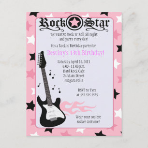 ROCK STAR 4x5 Pink Rocker Birthday Invitation