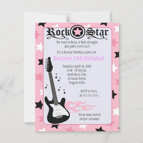 ROCK STAR 4x5 Pink Rocker Birthday Invitation
