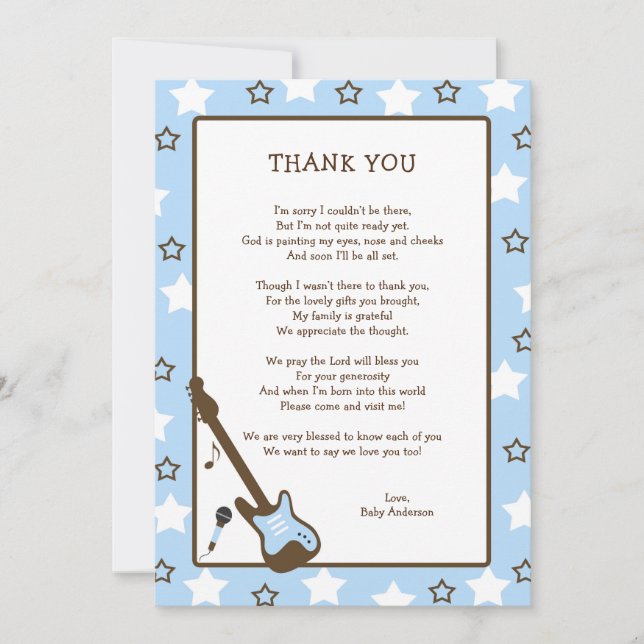 Rock Star Baby Shower Thank you note - blue (Front)