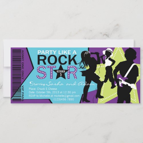 Rock Star Band Birthday Purple Lime Personalized Invitations