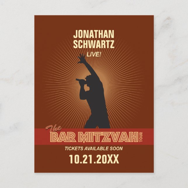 Rock Star Bar Mitzvah Save the Date in Brown Announcement Postcard (Front)