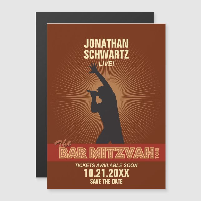 Rock Star Bar Mitzvah Save the Date in Brown Magnetic Invitation (Front/Back)