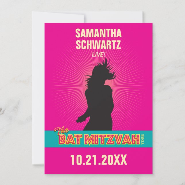 Rock Star Bat Mitzvah Invitation in Hot Pink (Front)