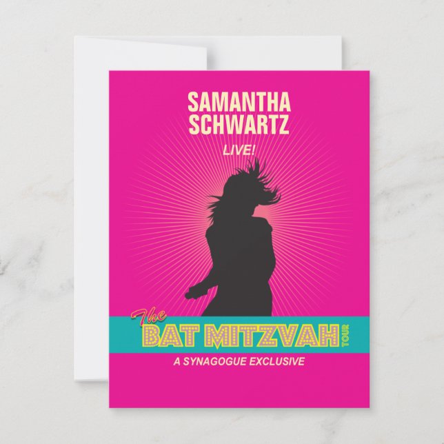 Rock Star Bat Mitzvah RSVP Reply Card in Hot Pink (Front)