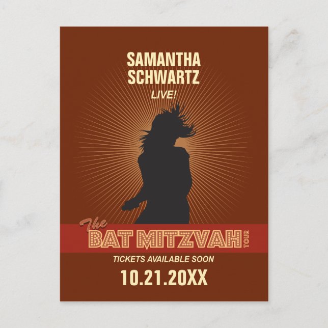 Rock Star Bat Mitzvah Save the Date in Brown Announcement Postcard (Front)
