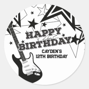 Rock Star Birthday Guitar Black White Stars Classic Round Sticker