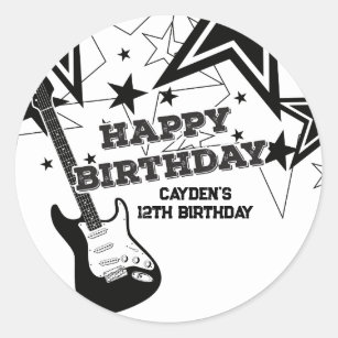 Rock Star Birthday Guitar Black White Stars Classic Round Sticker