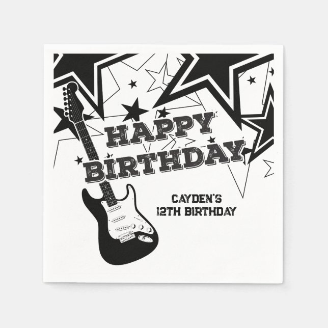 Rock Star Birthday Guitar Black White Stars Napkins (Front)