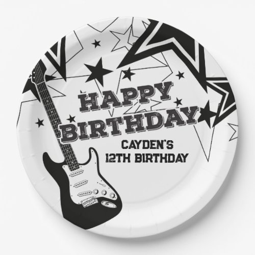 Rock Star Birthday Guitar Black White Stars Paper Plates