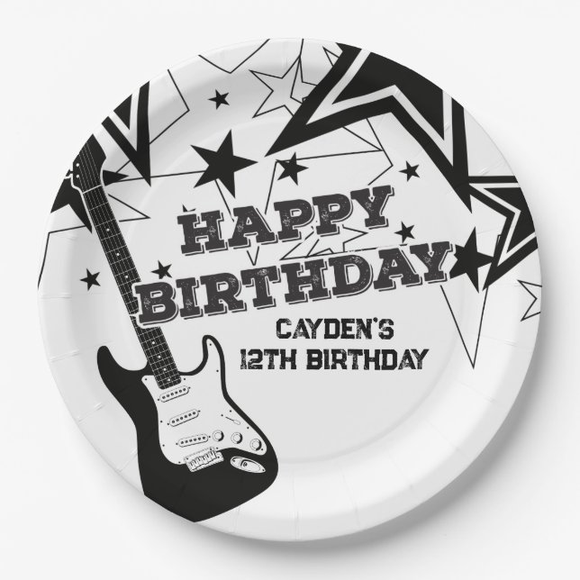 Rock Star Birthday Guitar Black White Stars Paper Plates (Front)