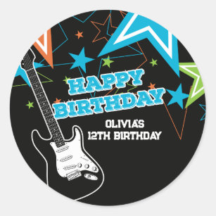 Rock Star Birthday Guitar Stars Blue Orange Classic Round Sticker