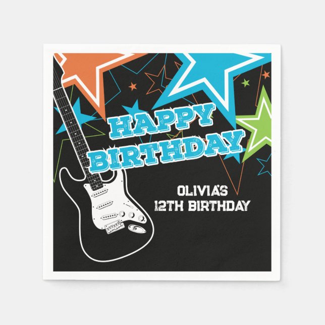 Rock Star Birthday Guitar Stars Blue Orange Napkins (Front)