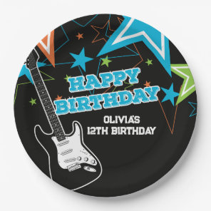 Rock Star Birthday Guitar Stars Blue Orange Paper Plates