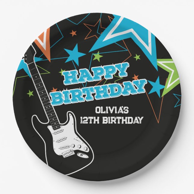 Rock Star Birthday Guitar Stars Blue Orange Paper Plates (Front)