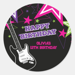Rock Star Birthday Guitar Stars Pink Purple Classic Round Sticker