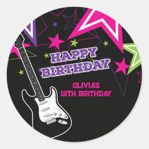 Rock Star Birthday Guitar Stars Pink Purple Classic Round Sticker