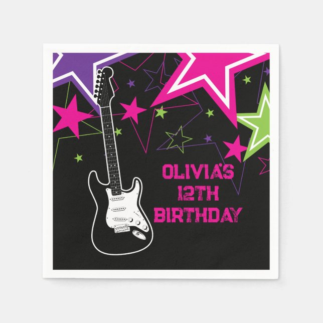 Rock Star Birthday Guitar Stars Pink Purple Napkins (Front)