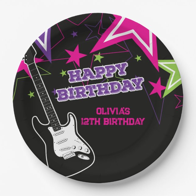 Rock Star Birthday Guitar Stars Pink Purple Paper  Paper Plates (Front)