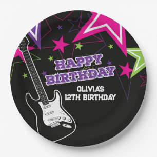 Rock Star Birthday Guitar Stars Pink Purple Paper  Plates