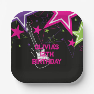 Rock Star Birthday Guitar Stars Pink Purple Paper Plates