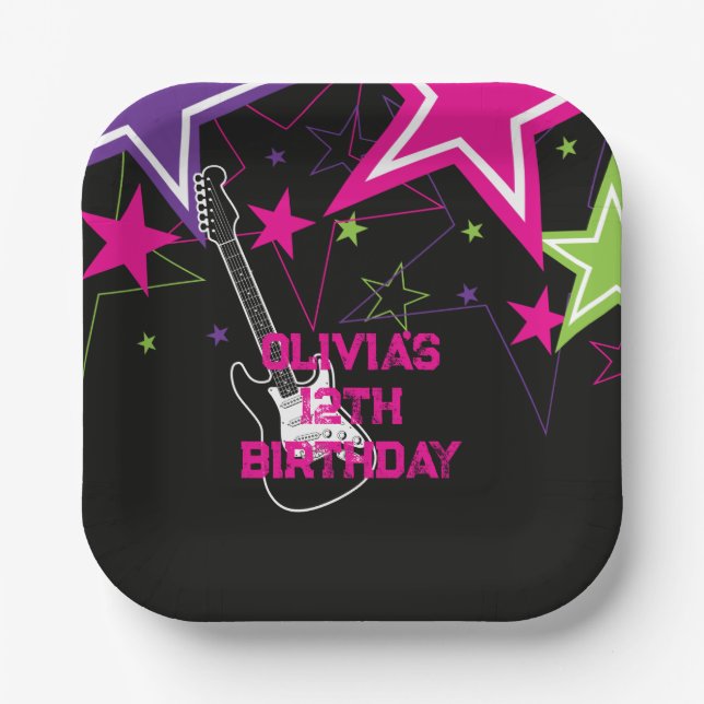 Rock Star Birthday Guitar Stars Pink Purple Paper Plates (Front)