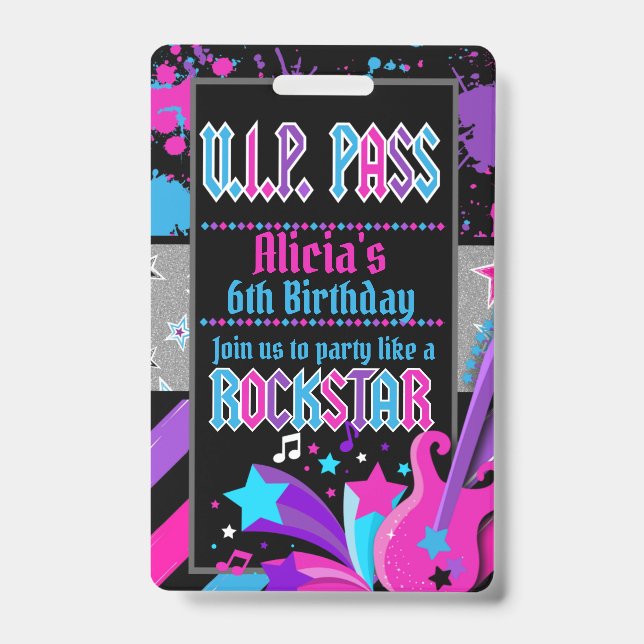 Rock star Birthday Party VIP Pass Invitation Badge (Front)