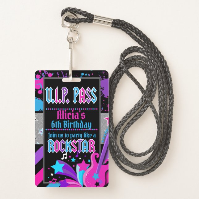 Rock star Birthday Party VIP Pass Invitation Badge (Front with Lanyard)