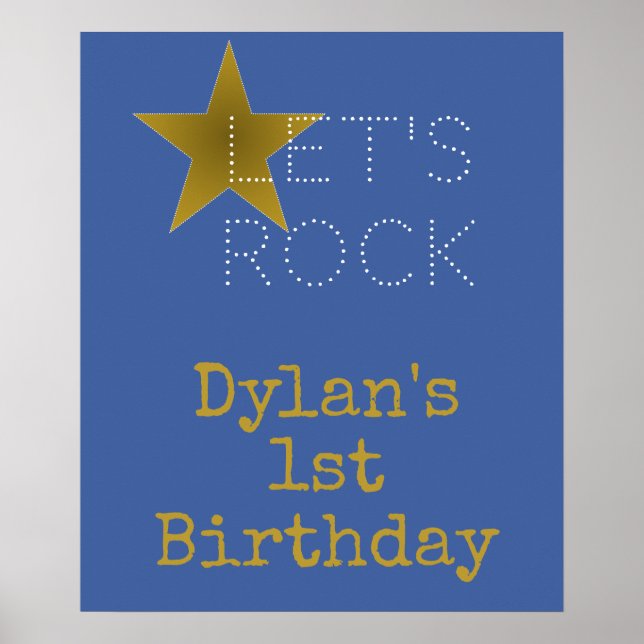 Rock Star Birthday Party Welcome Poster Blue Gold (Front)