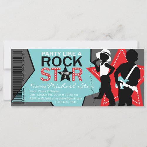 Rock Star Boy Band Birthday Aqua Red Personalized Invites