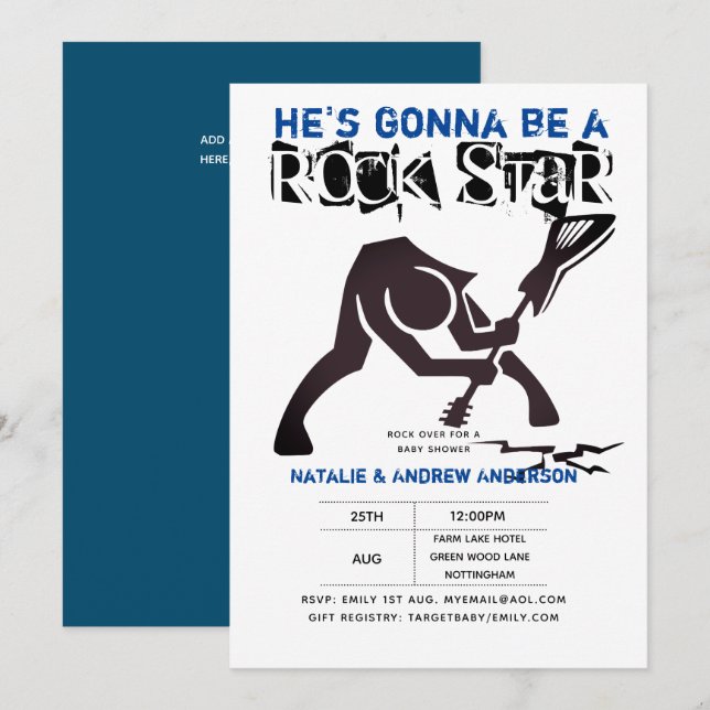 ROCK STAR BOYS Baby Shower Blue Black Break Guitar Invitation (Front/Back)