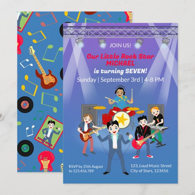 Rock Star Boys Band Birthday Party Invitation (Front/Back)