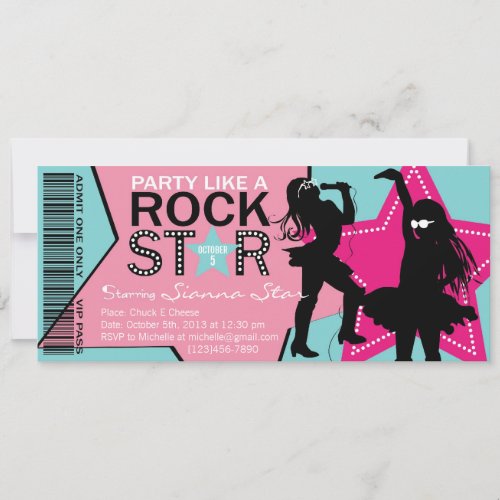 Rock Star Girl Band Birthday Aqua Pink Personalized Invite