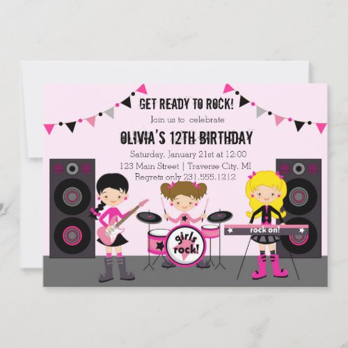 Rock Star Girl Band Birthday Party Invitation