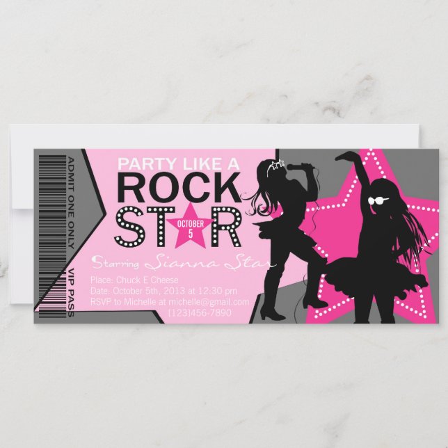 Rock Star Girl Band Birthday Pink Gray Invitation (Front)