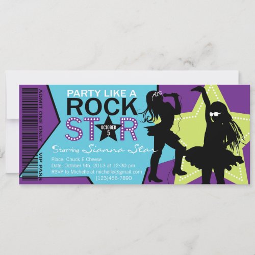 Rock Star Girl Band Birthday Purple Lime Custom Invitations