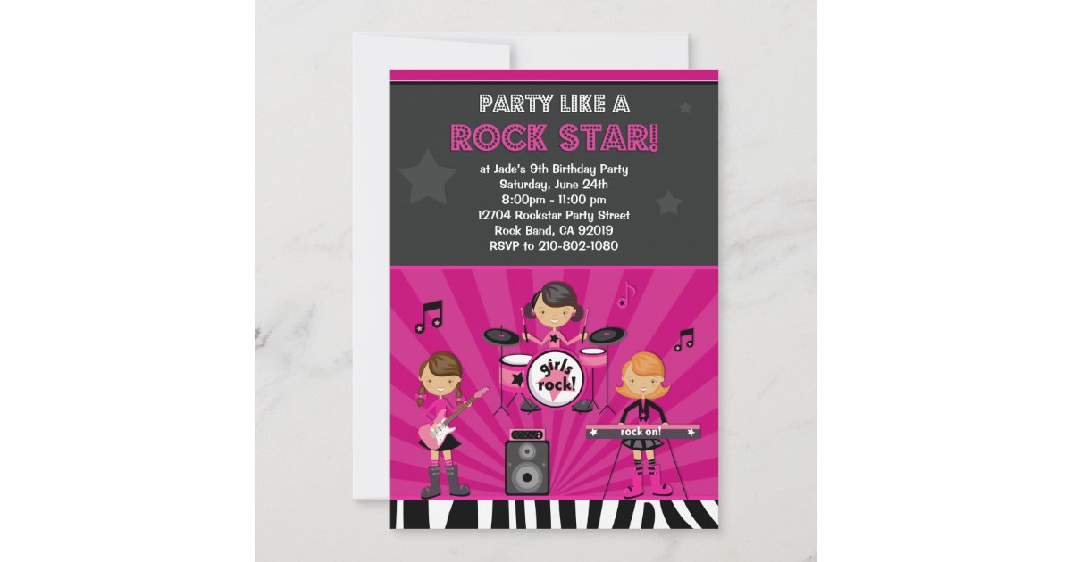Rock Star Girls Birthday Party Invitation | Zazzle