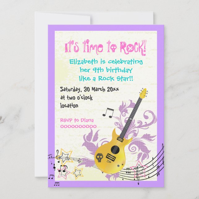 Rock star girly electric guitar birthday invitation (Front)