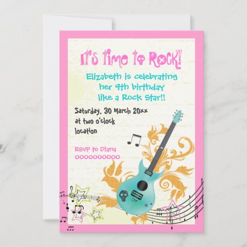 Rock star girly electric guitar girls birthday invitation
