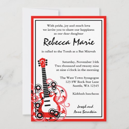 Rock Star Guitar Bat Mitzvah Red and Black Invitation