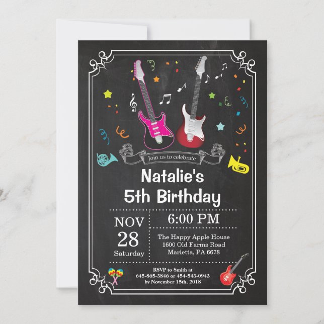 Rock Star Guitar Birthday Invitation Music Girl (Front)