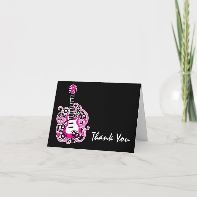 Rock Star Guitar Pink and Black Thank You Note Card (Front)