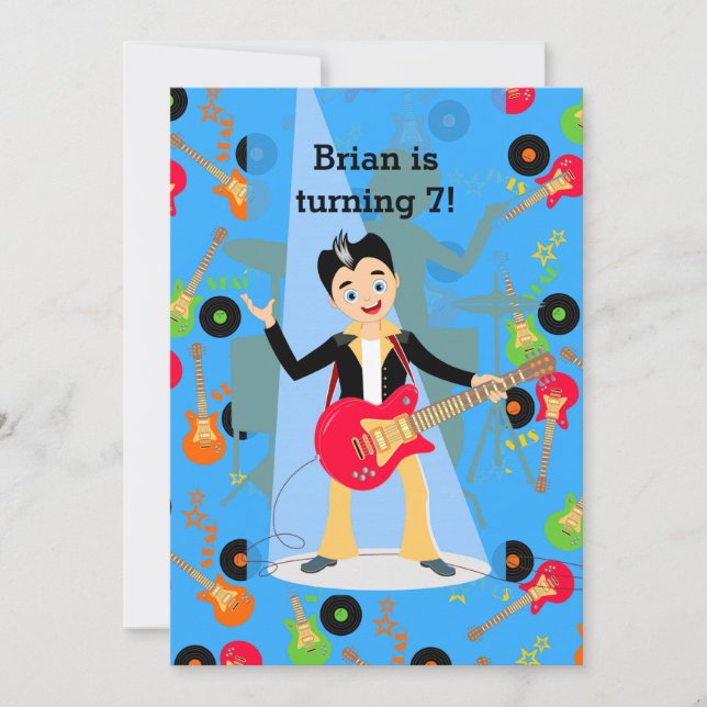 Rock star guitar player birthday party invitation (Front)