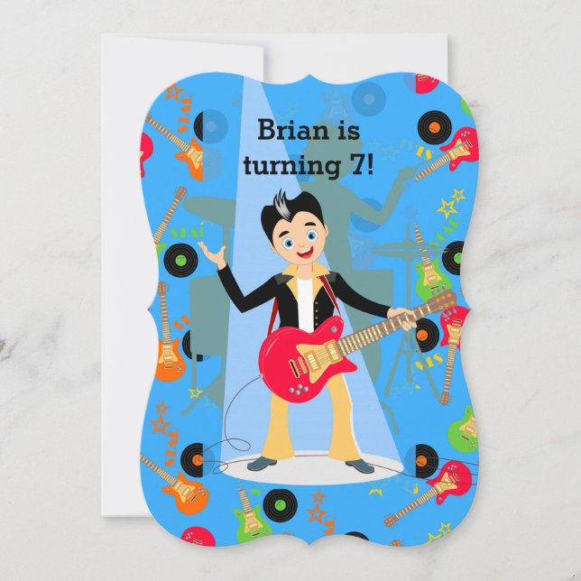 Rock star guitar player birthday party invitation (Front)