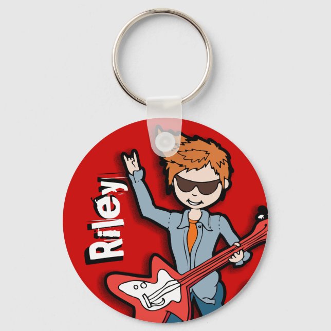 Rock star guitar playing boy graphic name keychain (Front)