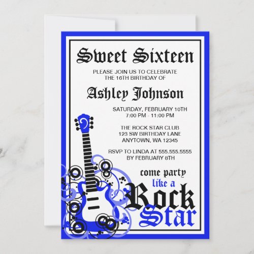 Rock Star Guitar Sweet 16 Birthday Party Blue Invitation